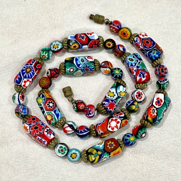 RARE Vintage Murano Millefiori Moretti Venetian Rectangle Glass Bead Necklace - Picture 7 of 11
